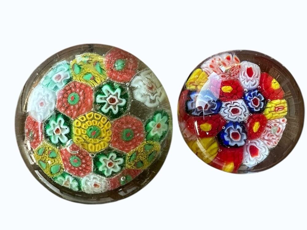 Vintage Millefiori Art Glass Paperweights - Set of 2 Colorful Flower Canes Dome